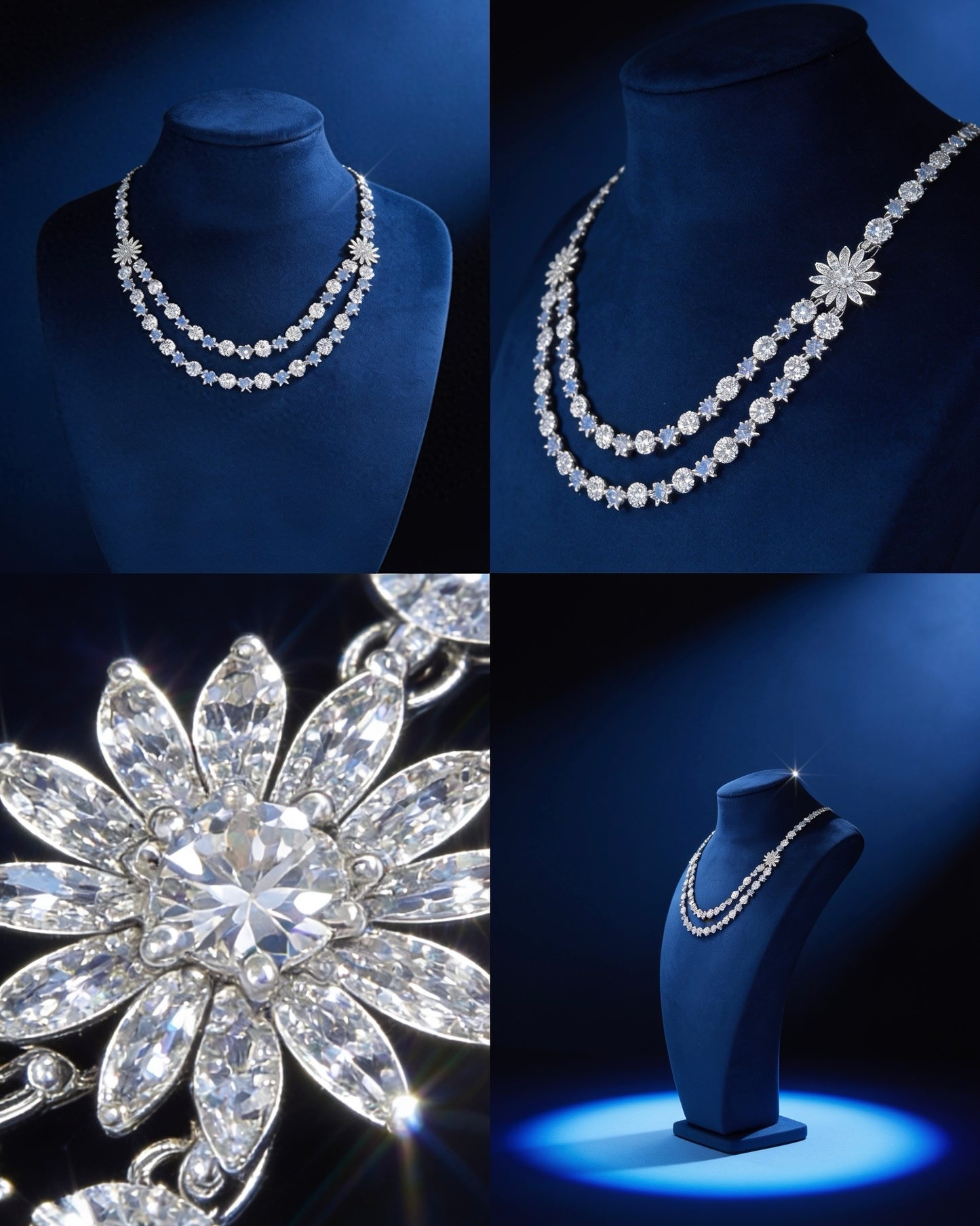 Collage of diamond jewelry including a necklace and brooch on a dark background