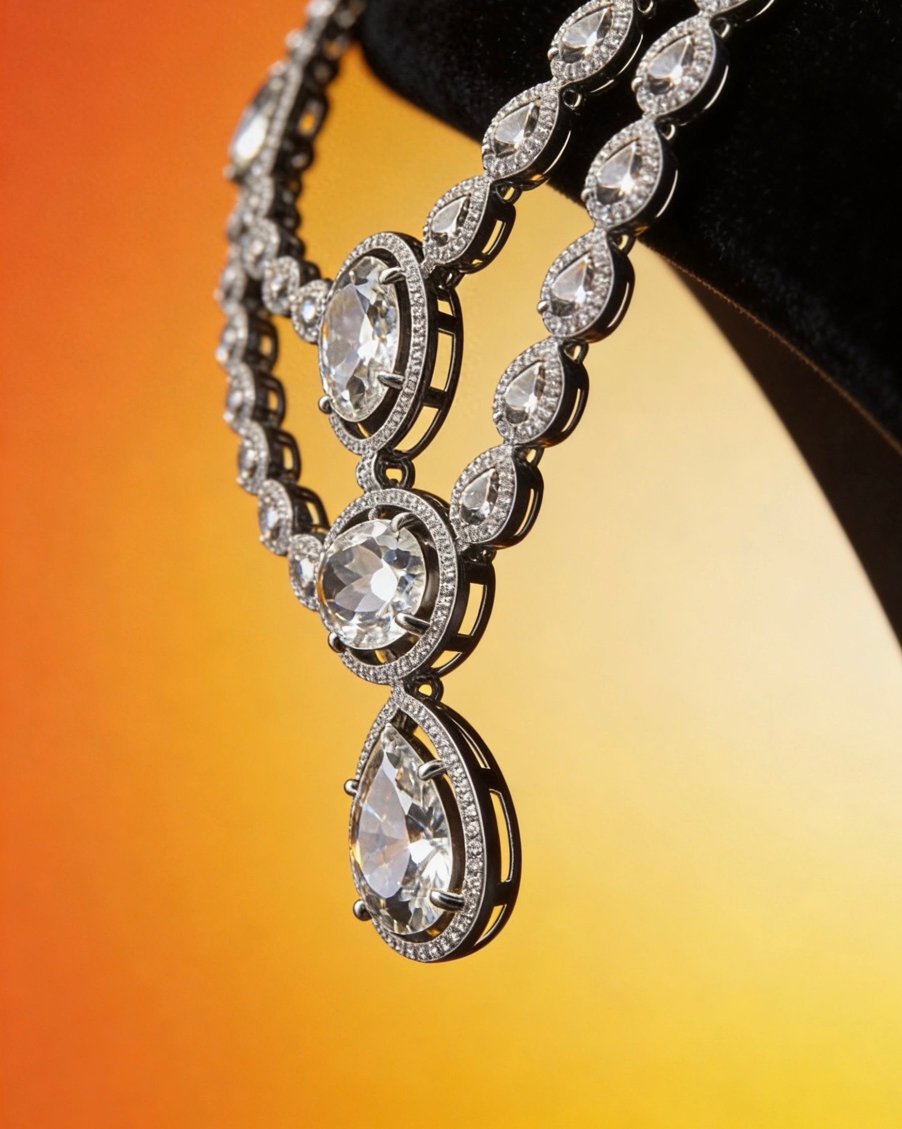 Crystal drop necklace with silver-toned oval and pear-cut stones. Elegant bridal jewellery for weddings, receptions, and formal occasions.