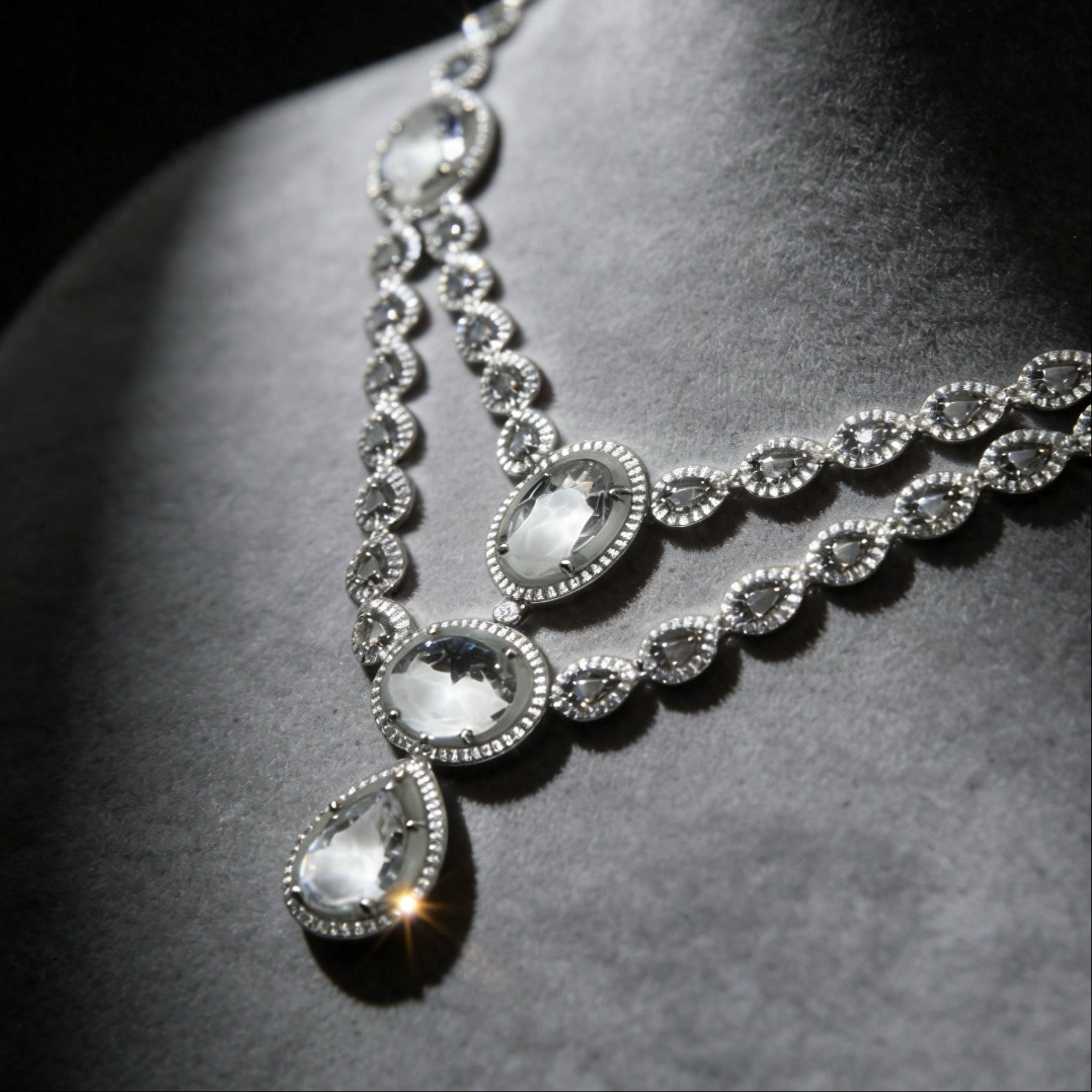 Crystal drop necklace with silver-toned oval and pear-cut stones. Elegant bridal jewellery for weddings, receptions, and formal occasions.