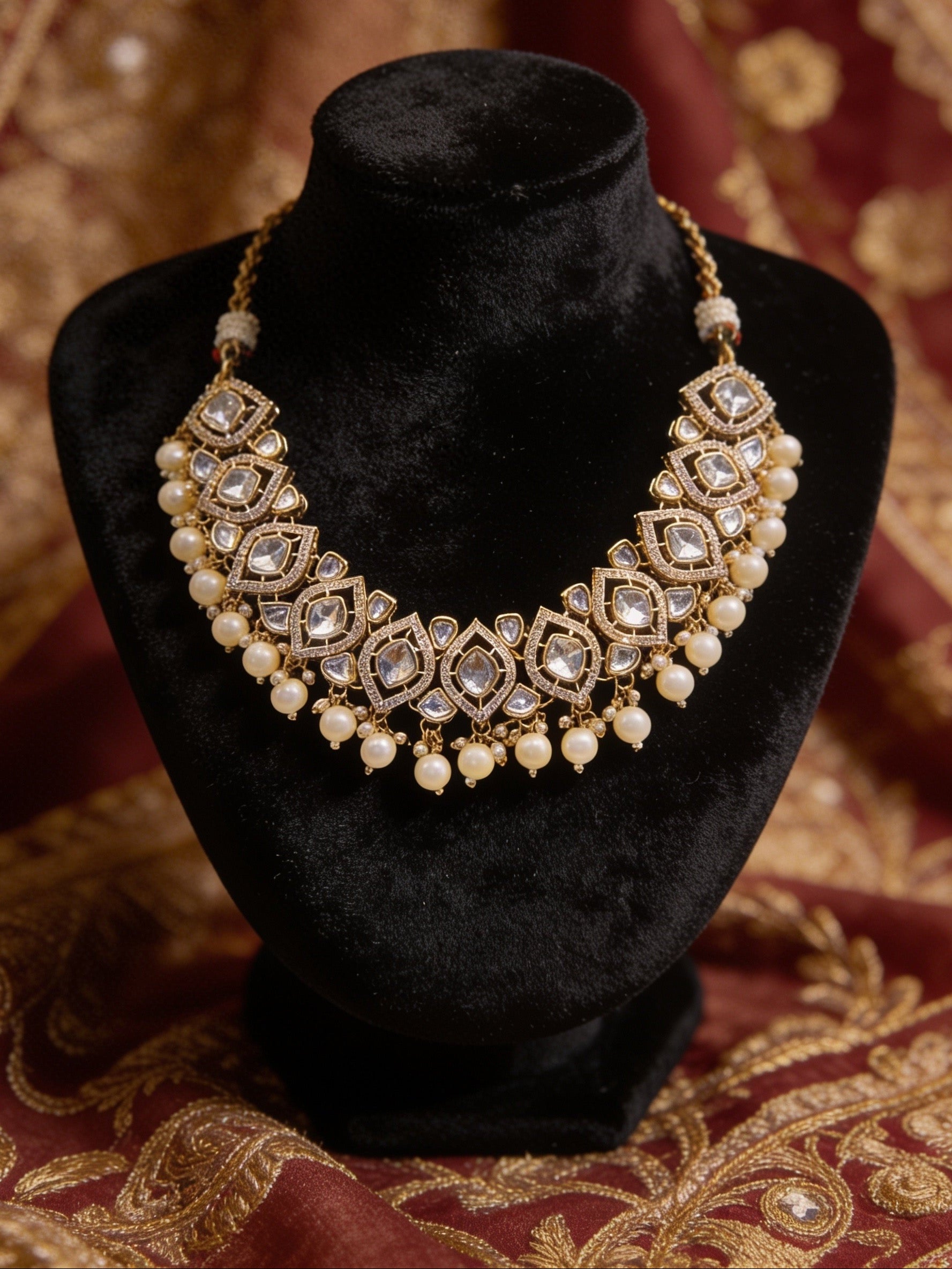 Decorative necklace on a black velvet stand with a patterned fabric background