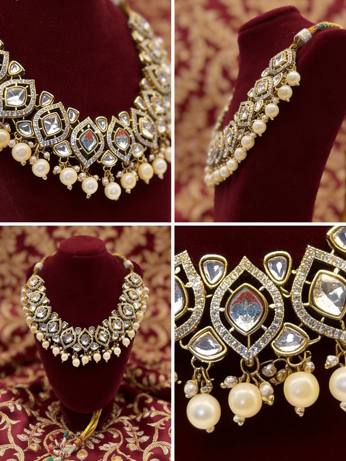 Collage of a necklace and earrings on a red velvet stand with intricate patterns.