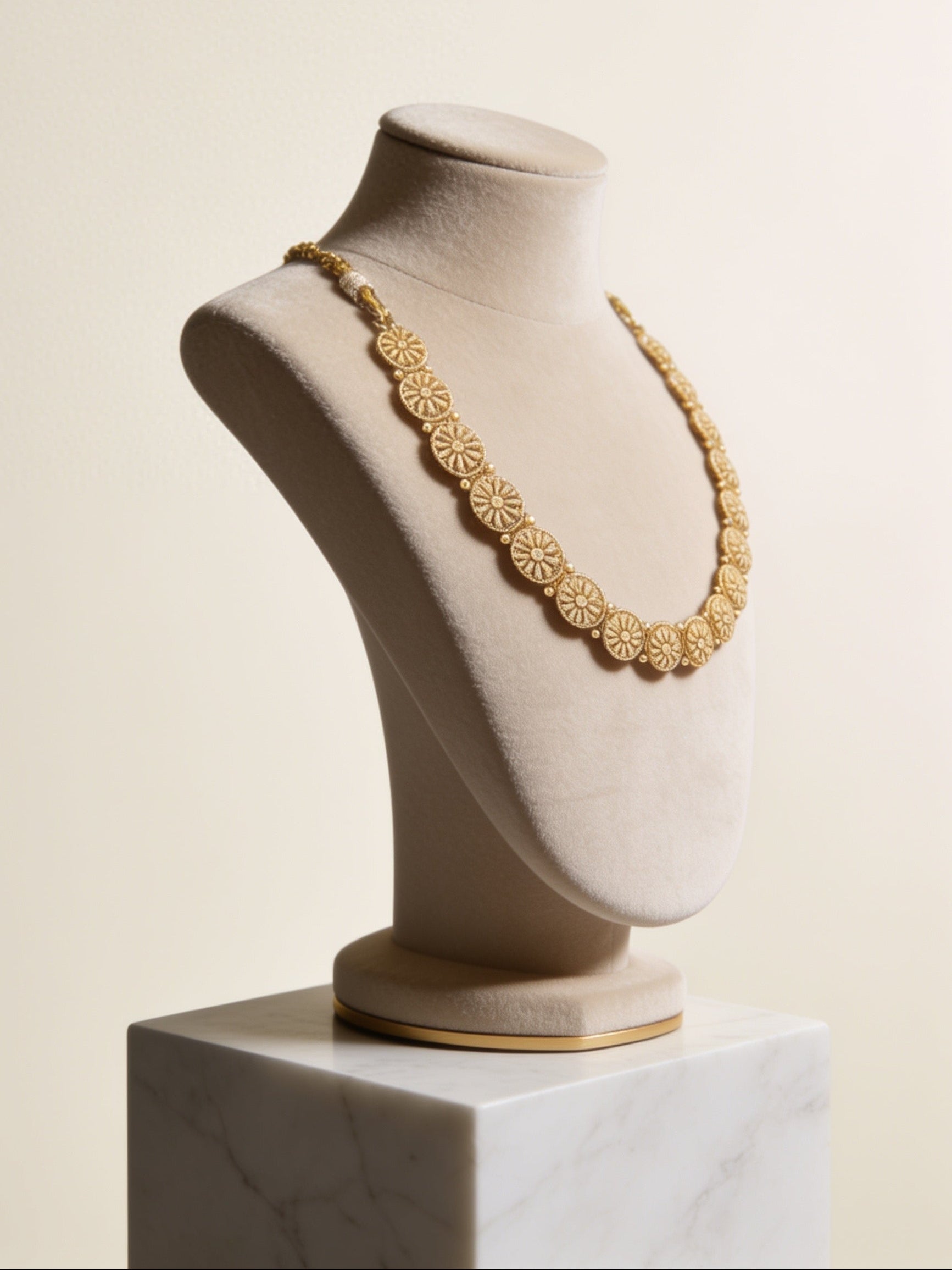 Gold necklace on a mannequin bust against a beige background