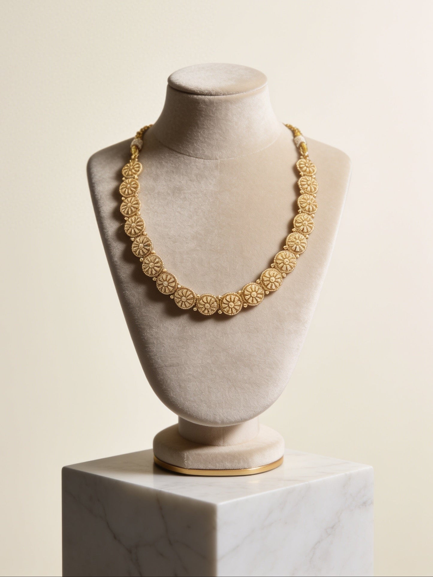 Gold necklace on a mannequin bust against a beige background