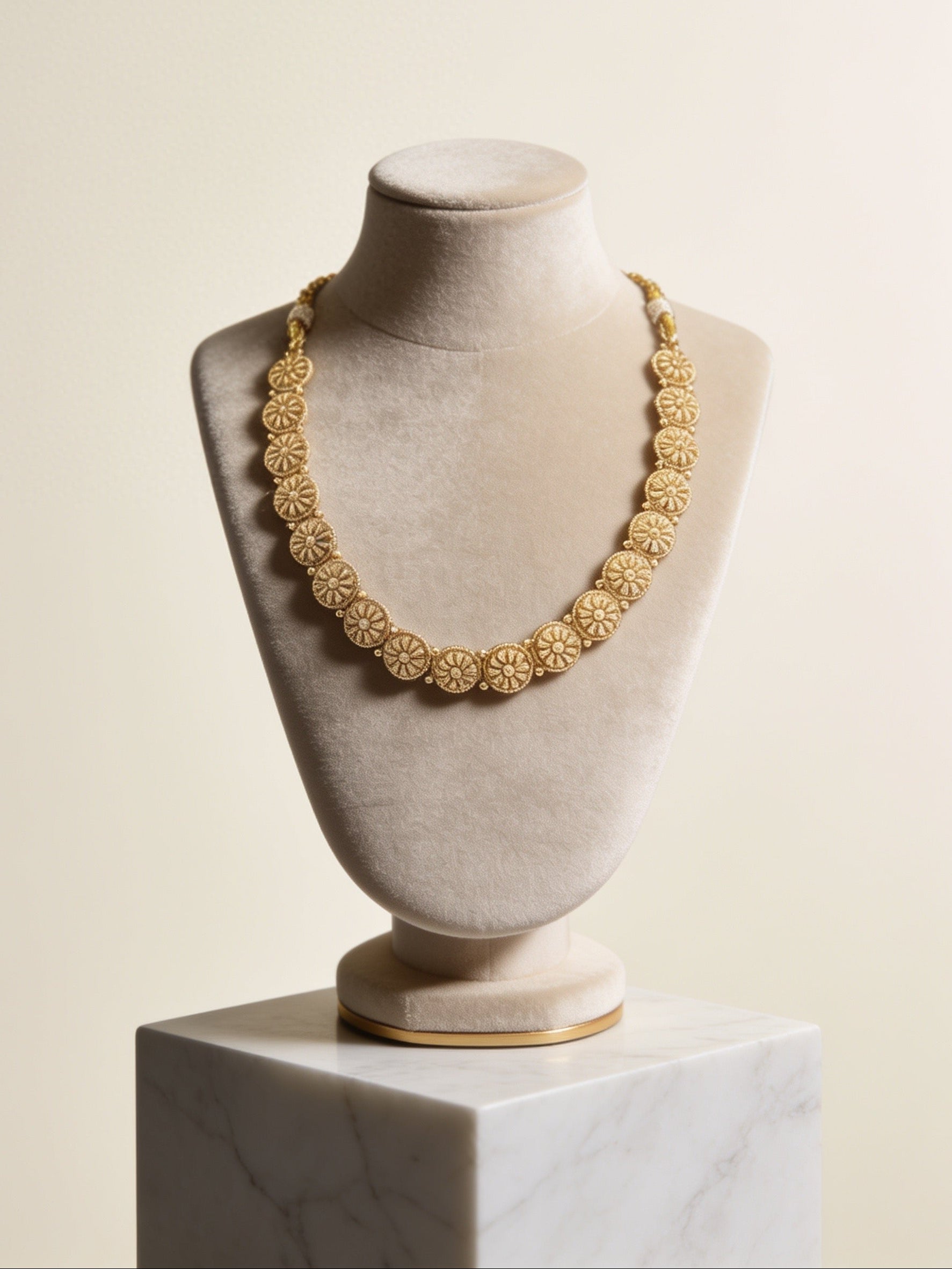 Gold necklace on a mannequin bust against a beige background